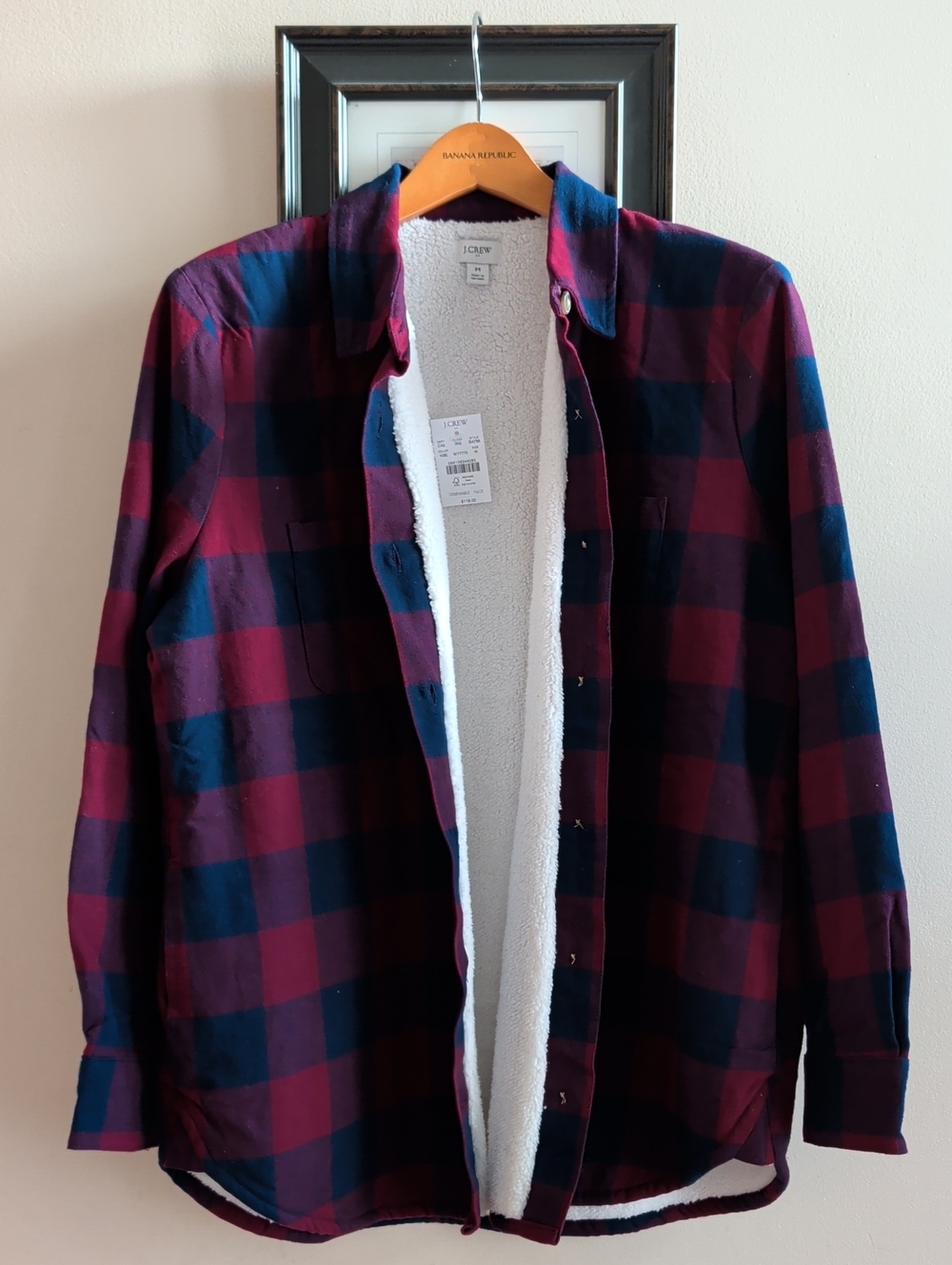 J. Crew Oversized Burgundy & Navy Plaid Sherpa-Lined Overshirt
